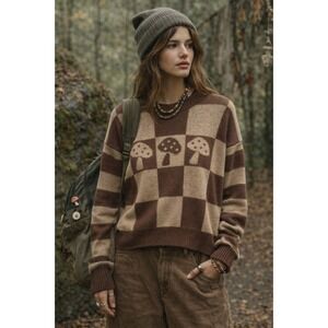 No Boundaries Sweater Junior L 11/13 Brown Mushroom Check Earthcore Grunge Retro